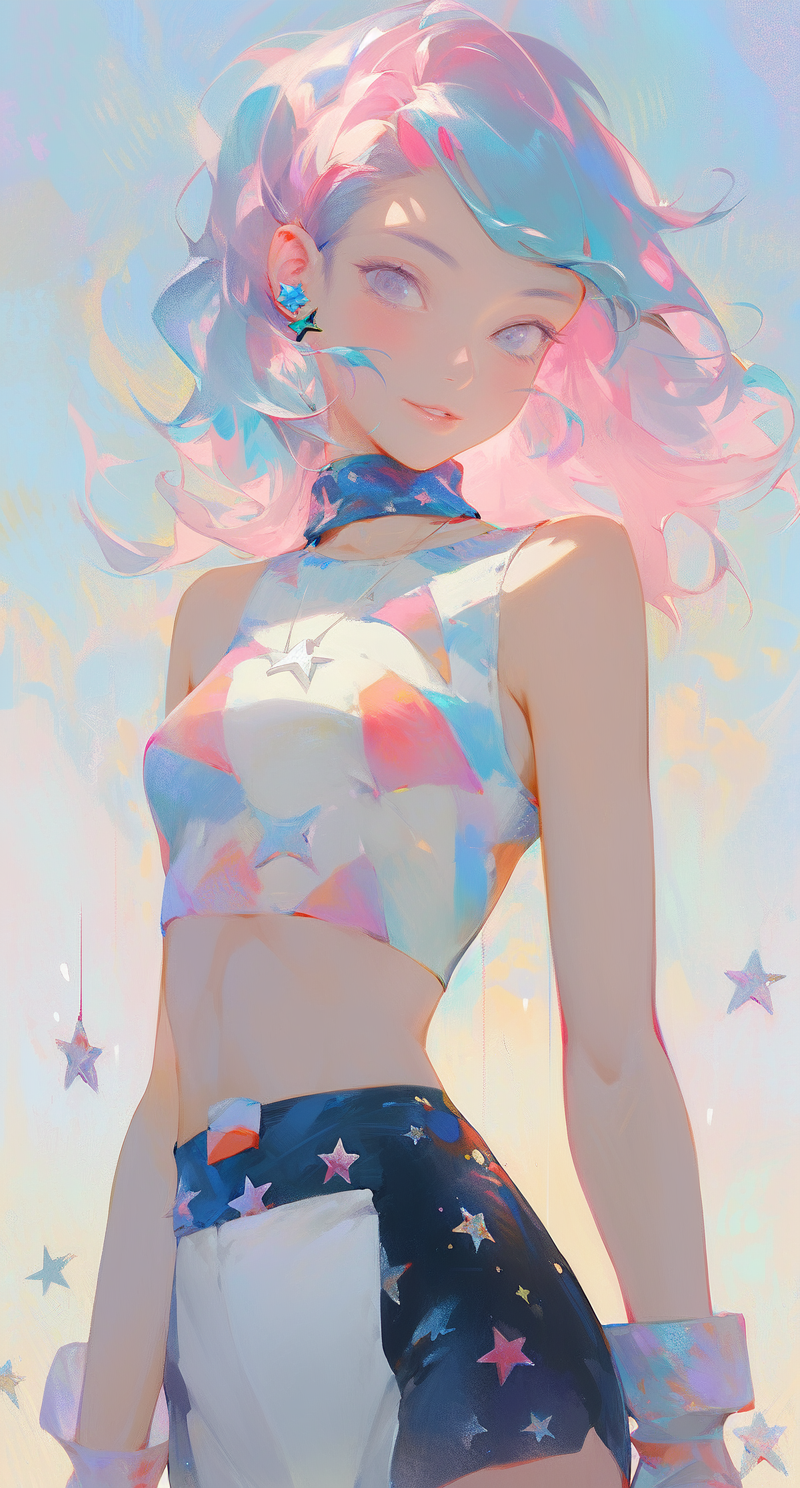 Femme , 一個美麗的軀干女孩,短裙,繁星點點的彩色頭發(fā), 大腿間隙, 對比, 假笑, 腹部, 大腿高, 顯示腹肌, 對比, 長渲染, 粉紅色, 藍色和白色, 簡單的背景, 左派藝術, wes anderson , artstation 杰作, 繪畫 by Dao Trong Le-森片