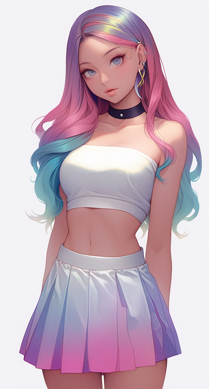 Femme , 一個美麗的軀干女孩,短裙,繁星點點的彩色頭發(fā), 大腿間隙, 對比, 假笑, 腹部, 大腿高, 顯示腹肌, 對比, 長渲染, 粉紅色, 藍色和白色, 簡單的背景, 左派藝術, wes anderson , artstation 杰作, 繪畫 by Dao Trong Le-森片