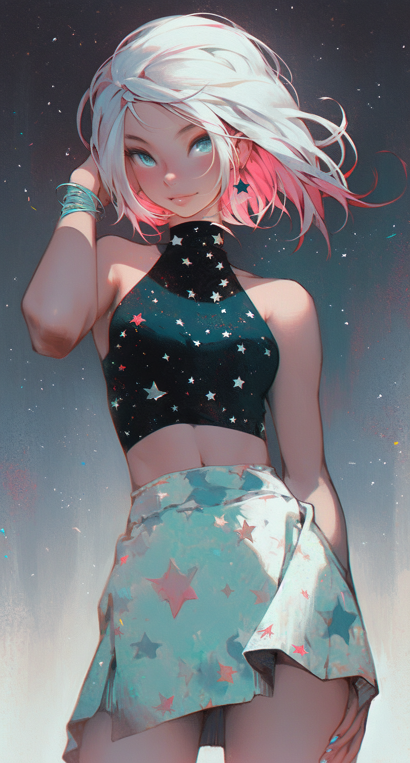 Femme , 一個美麗的軀干女孩,短裙,繁星點點的彩色頭發(fā), 大腿間隙, 對比, 假笑, 腹部, 大腿高, 顯示腹肌, 對比, 長渲染, 粉紅色, 藍色和白色, 簡單的背景, 左派藝術, wes anderson , artstation 杰作, 繪畫 by Dao Trong Le-森片