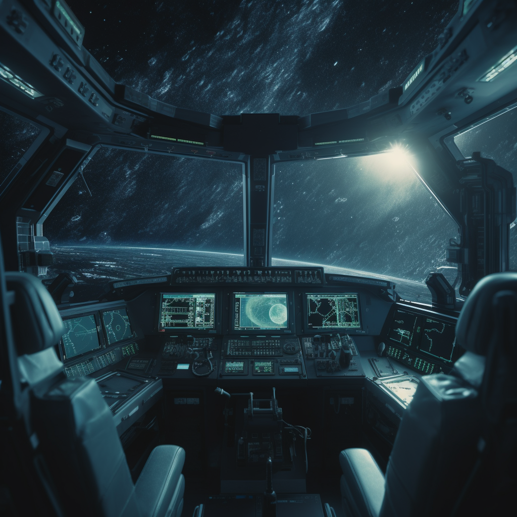 在星空和月光路徑背景下飛行的宇宙飛船儀表板的照片, 黑暗幻想-森片
