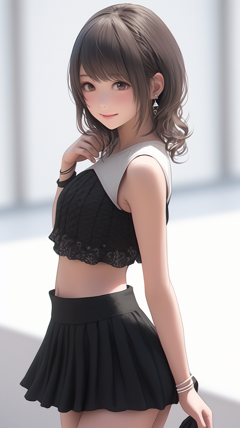 美麗迷人的卡哇伊日本女人的照片,穿著微型迷你裙裝,緊身,大腿高,腹部,大胸部,狐貍眼鴨嘴,細(xì)脖子,卷曲的短發(fā),漂亮的臉,沒有法令紋的臉,受女孩歡迎,活躍的時尚 模型 porsing, 微笑, 夢幻般的虛幻照明, 高動態(tài)范圍, 簡單的白色背景, 全身形狀, 半側(cè)輪廓, 流行和樂趣, 萌, 卡哇伊, 鮮艷的色彩,魅惑的目光-森片