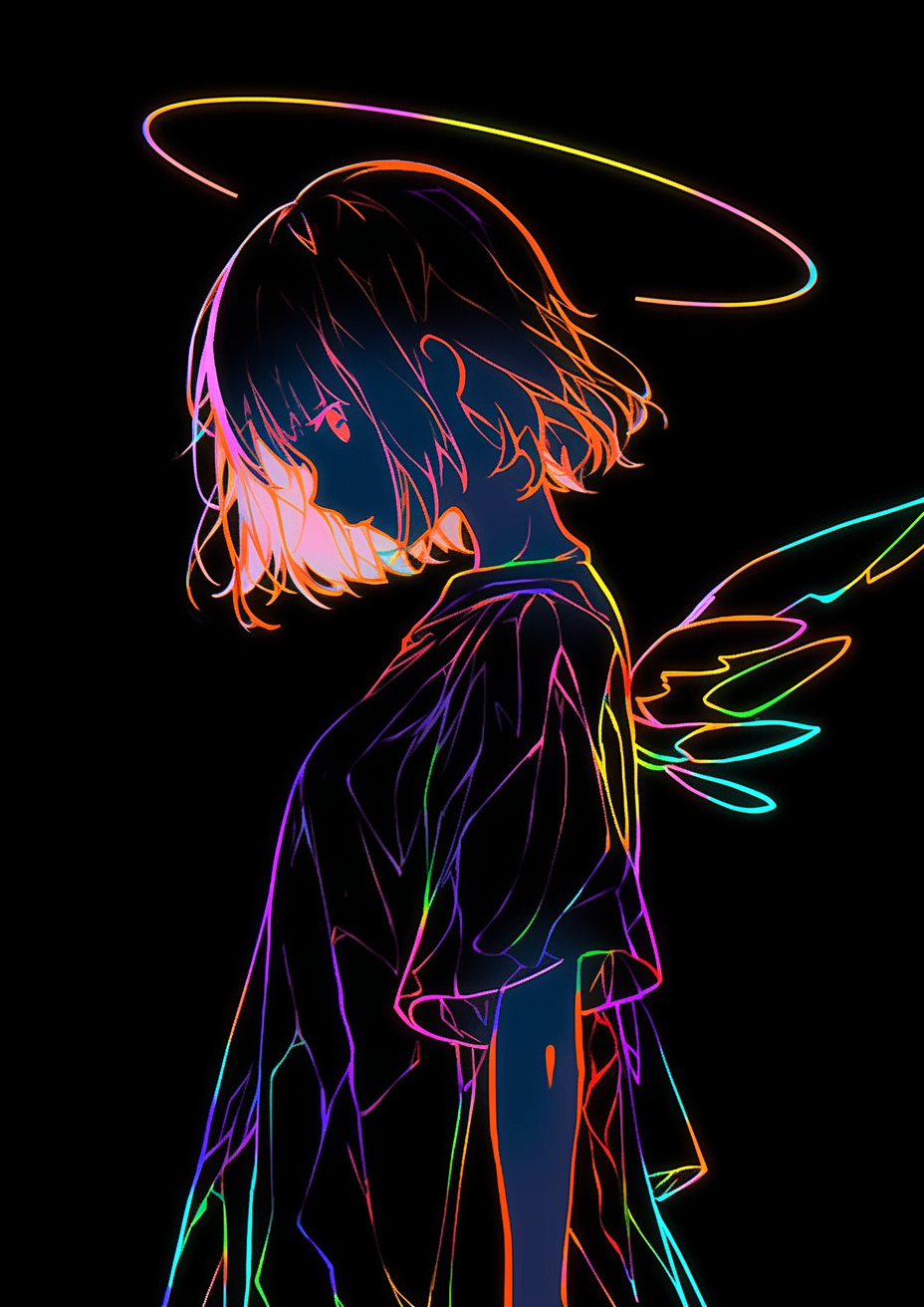 動漫少女精致素描線描lofi少女上半身超大T 恤 站立金屬絲翅膀光暈黑色背景動態(tài)角度暗黑孤獨時尚低飽和度-森片